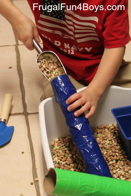 Turn a paper towel roll into an open ended rainstick for sensory play