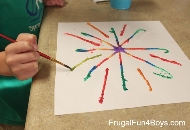 Fireworks painting with salt, glue, and watercolors