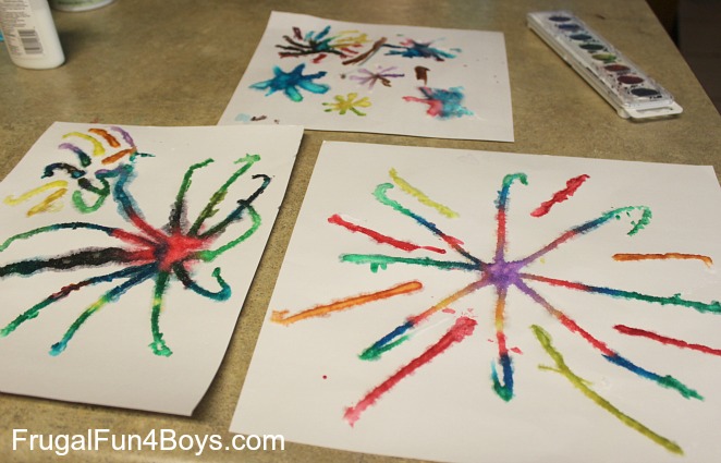 Fireworks paintings with salt, glue, and watercolors
