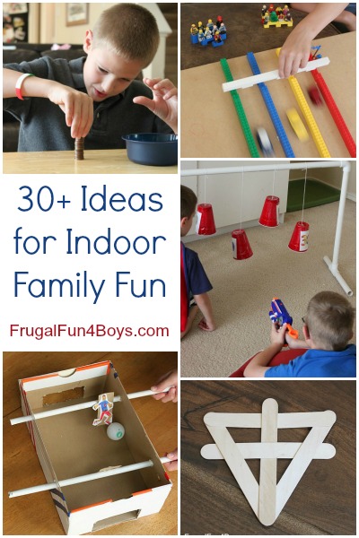 30+ Ideas for Indoor Family Fun. Games, things to make and do, Lego projects, Nerf ideas. Love this list!