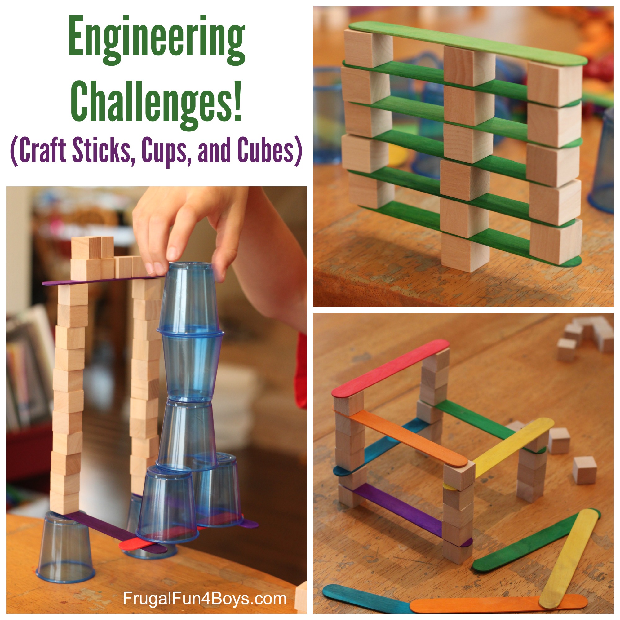 4 Engineering Challenges for Kids - Craft Sticks, Plastic Cups, and Wooden Cubes