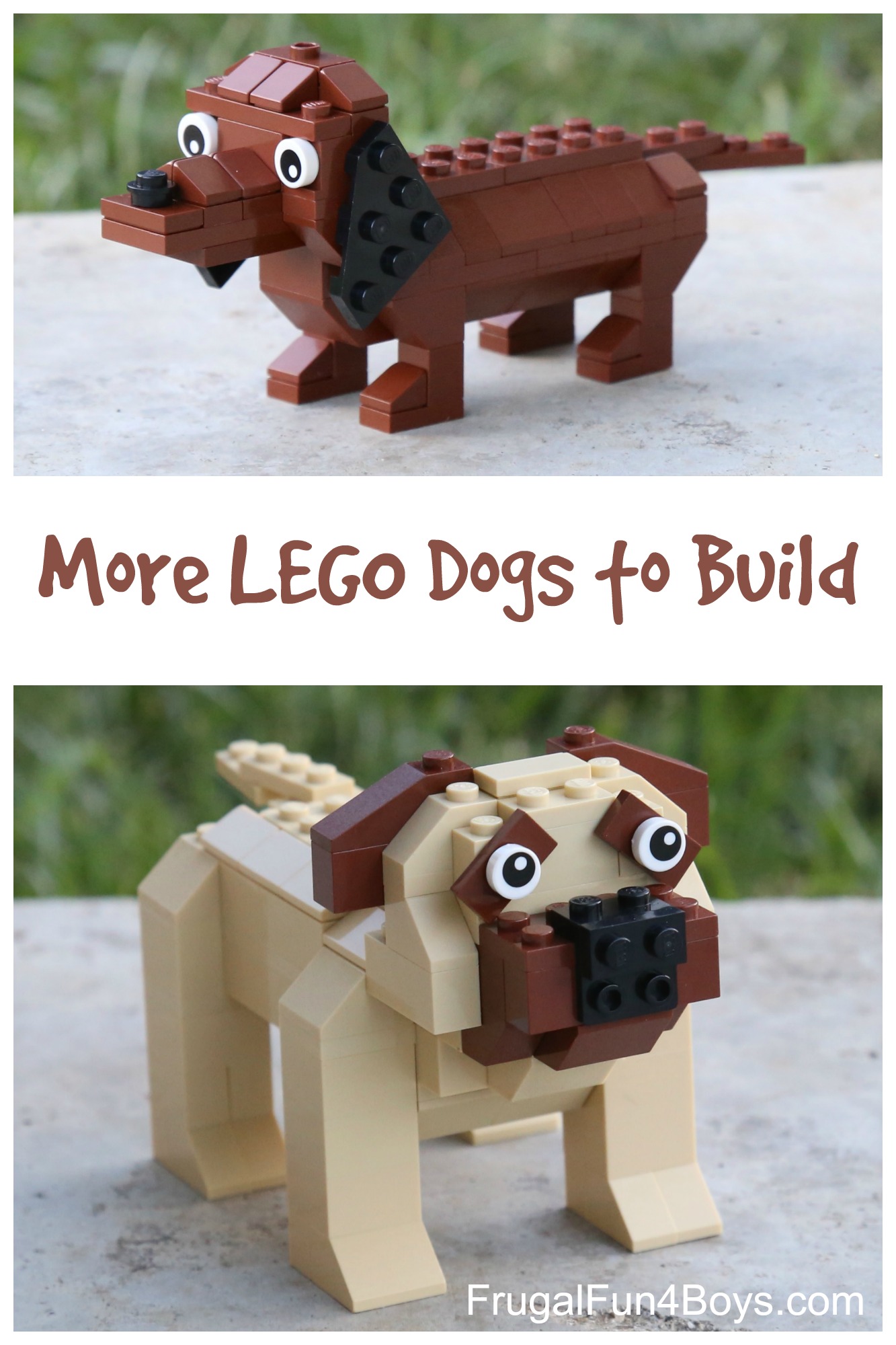 More LEGO Dogs to Build! Building instructions for a dachshund and a mastiff.