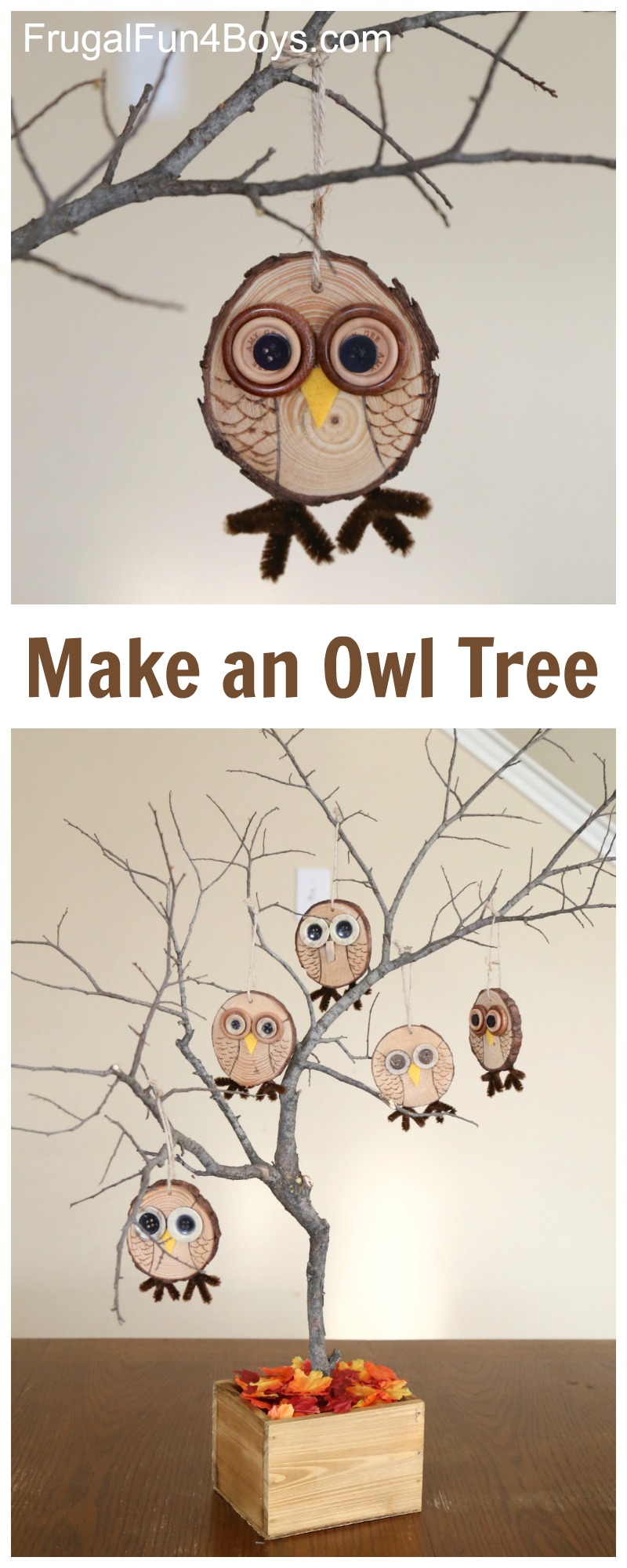 Make an Owl Tree with Wood Slice Owl Ornaments - Fun Fall Craft!