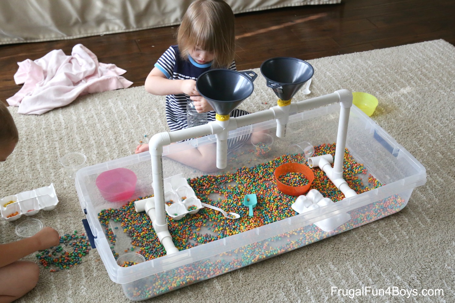 Funnels and Tubes Sensory Play with Colored Beans