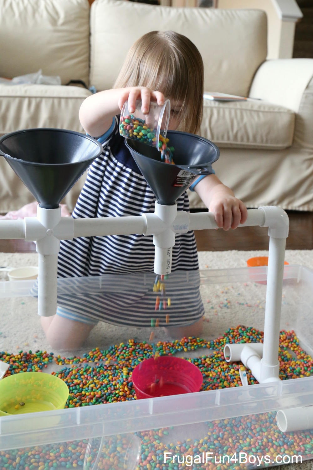 Funnels and Tubes Sensory Play with Colored Beans
