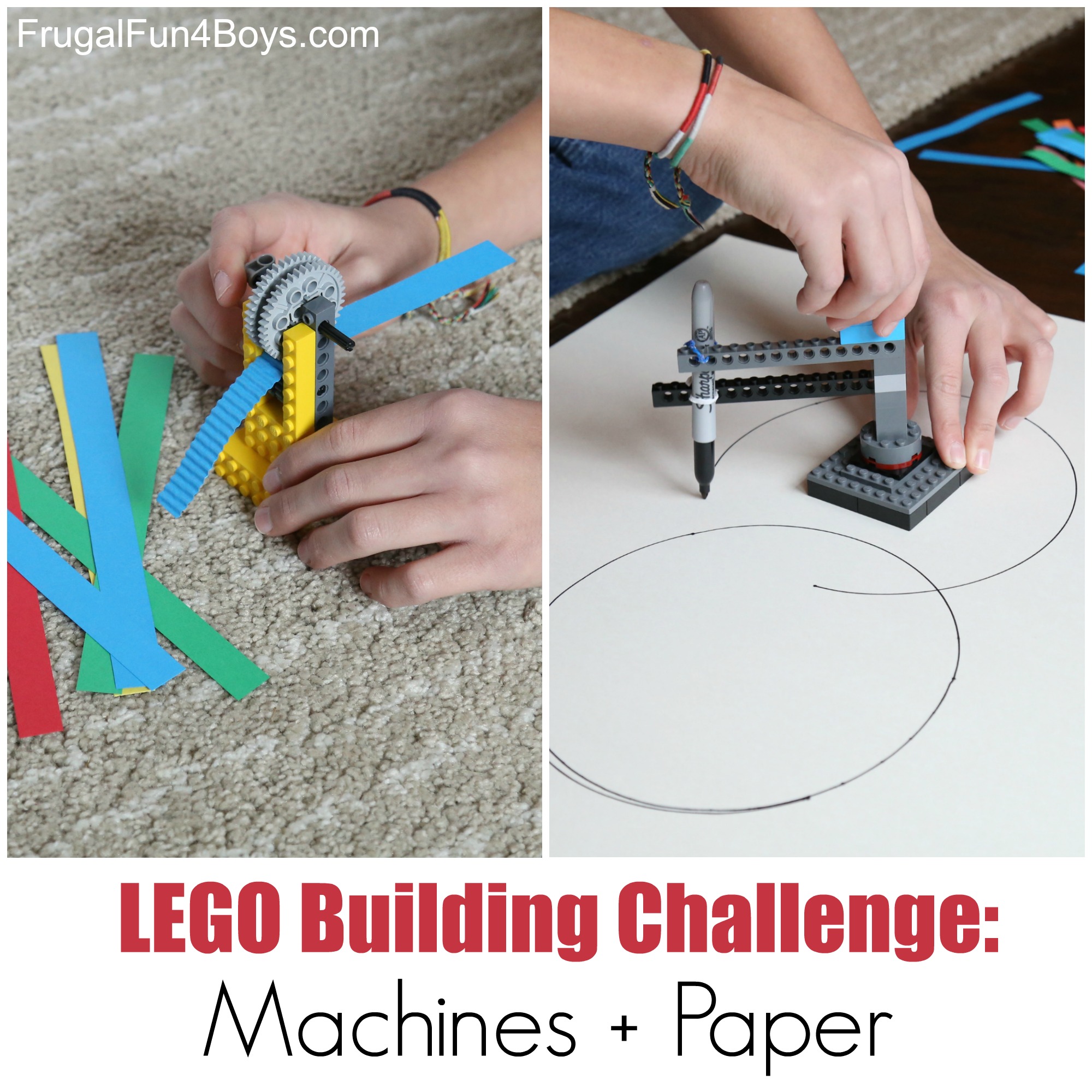 LEGO Building Challenge: Machines + Paper! Build a paper crimper and a circle drawing machine.