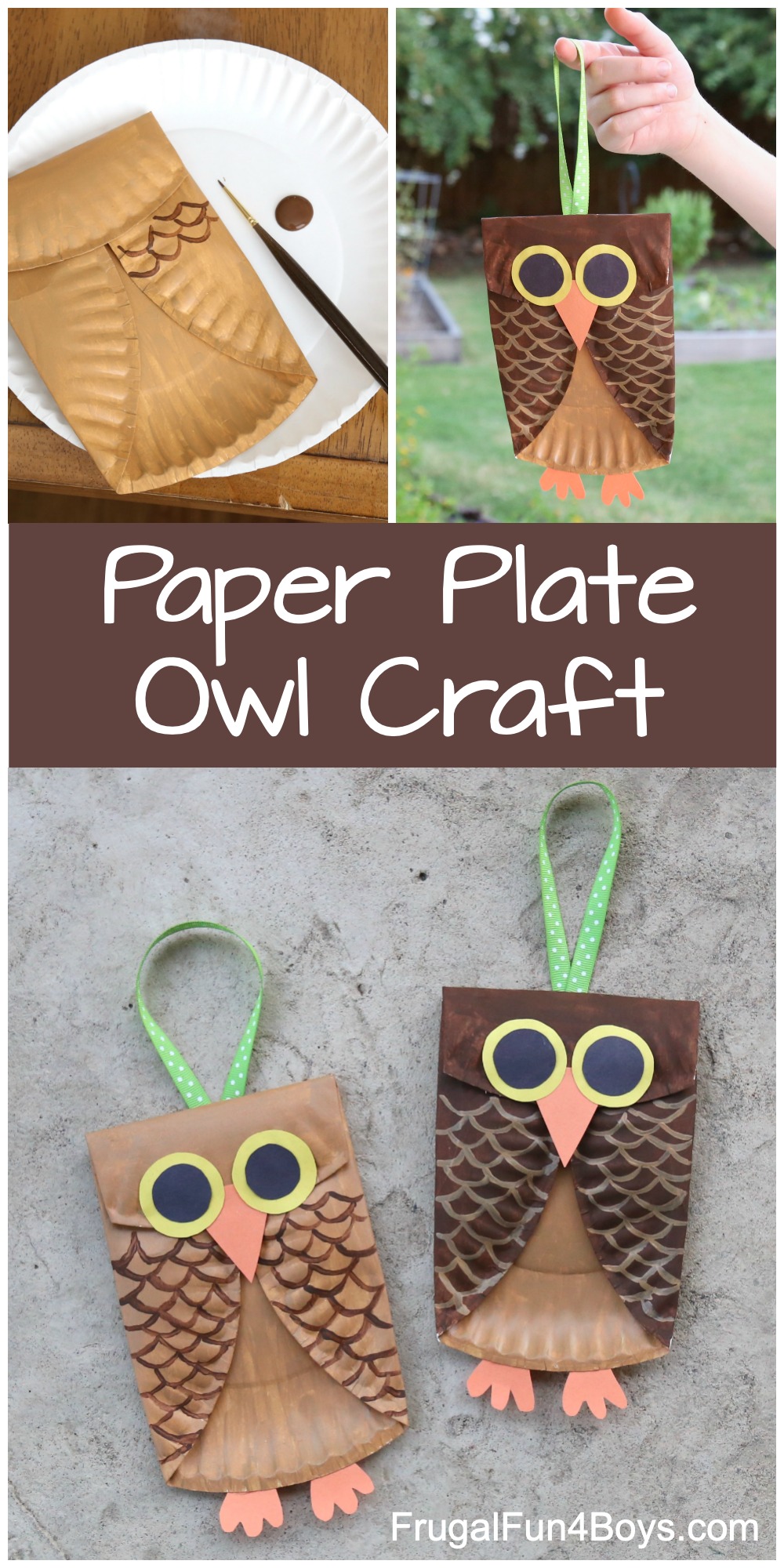Paper Plate Owl Craft with construction paper eyes, beak, and feet