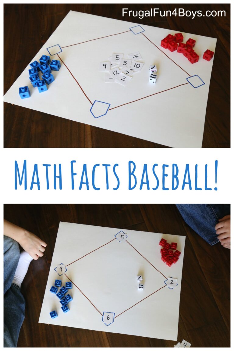 Math Facts Baseball text with image of kids playing a math baseball board game