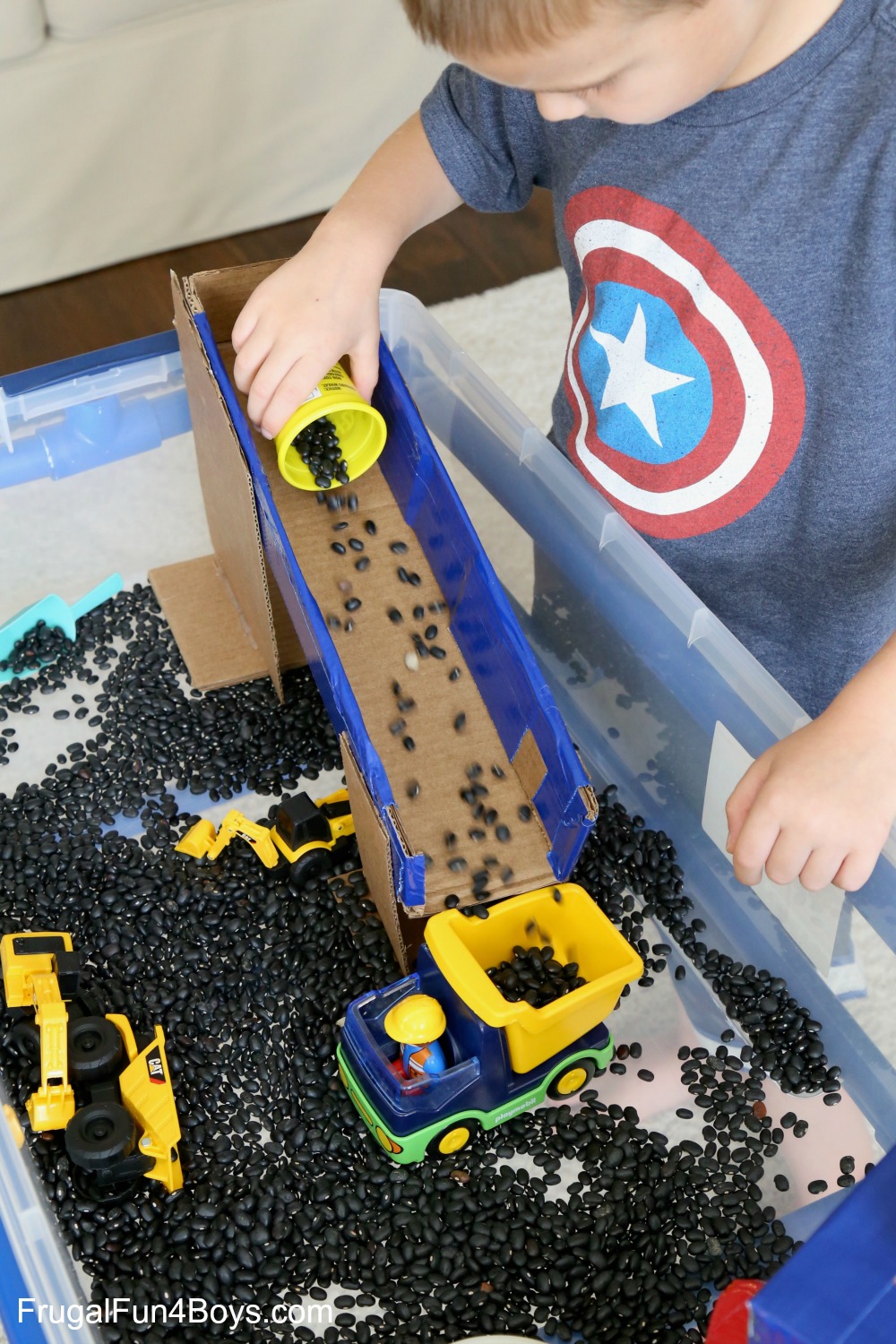 Construction Truck Themed Sensory Bin for Preschoolers - Frugal Fun For