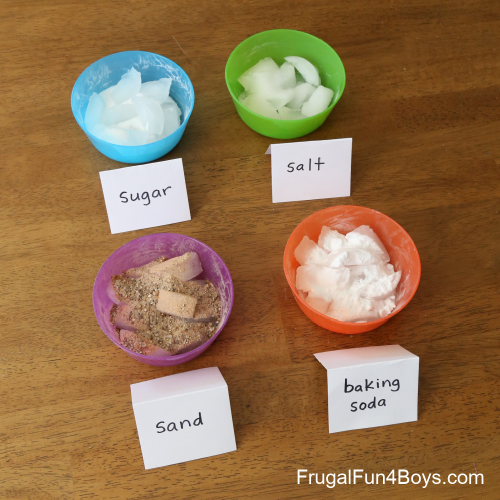 Ice Science Experiments - testing salt, sugar, baking soda, and sand