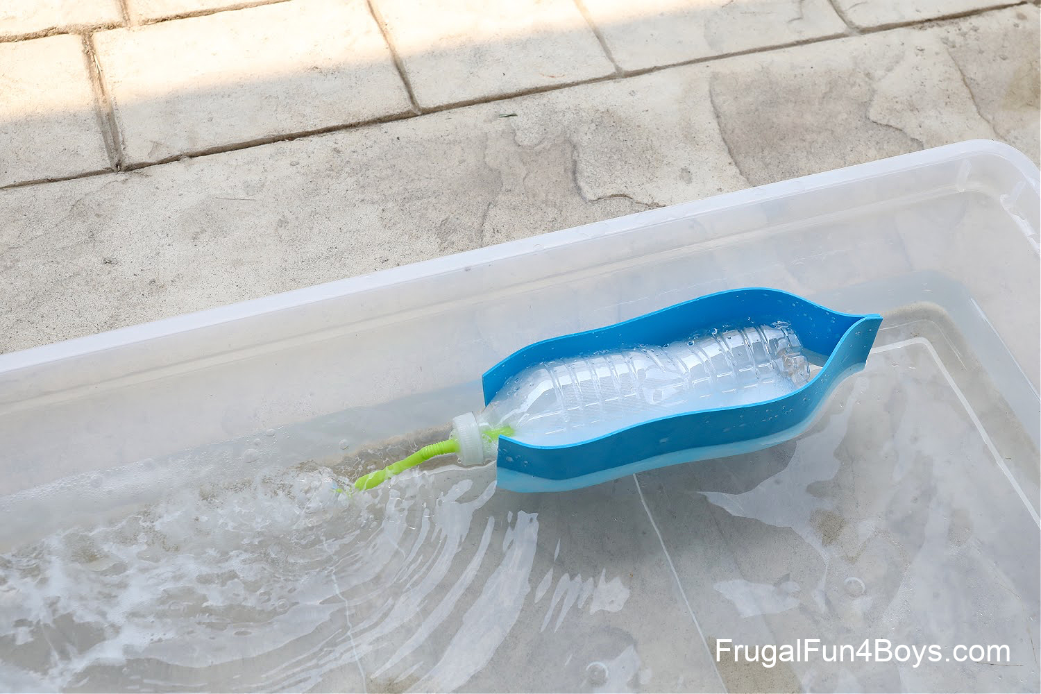 Baking soda and vinegar powered boat made with a plastic water bottle.