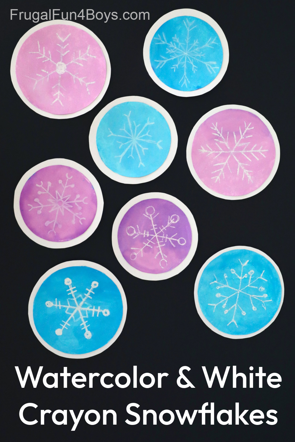 Watercolor and white crayon snowflakes