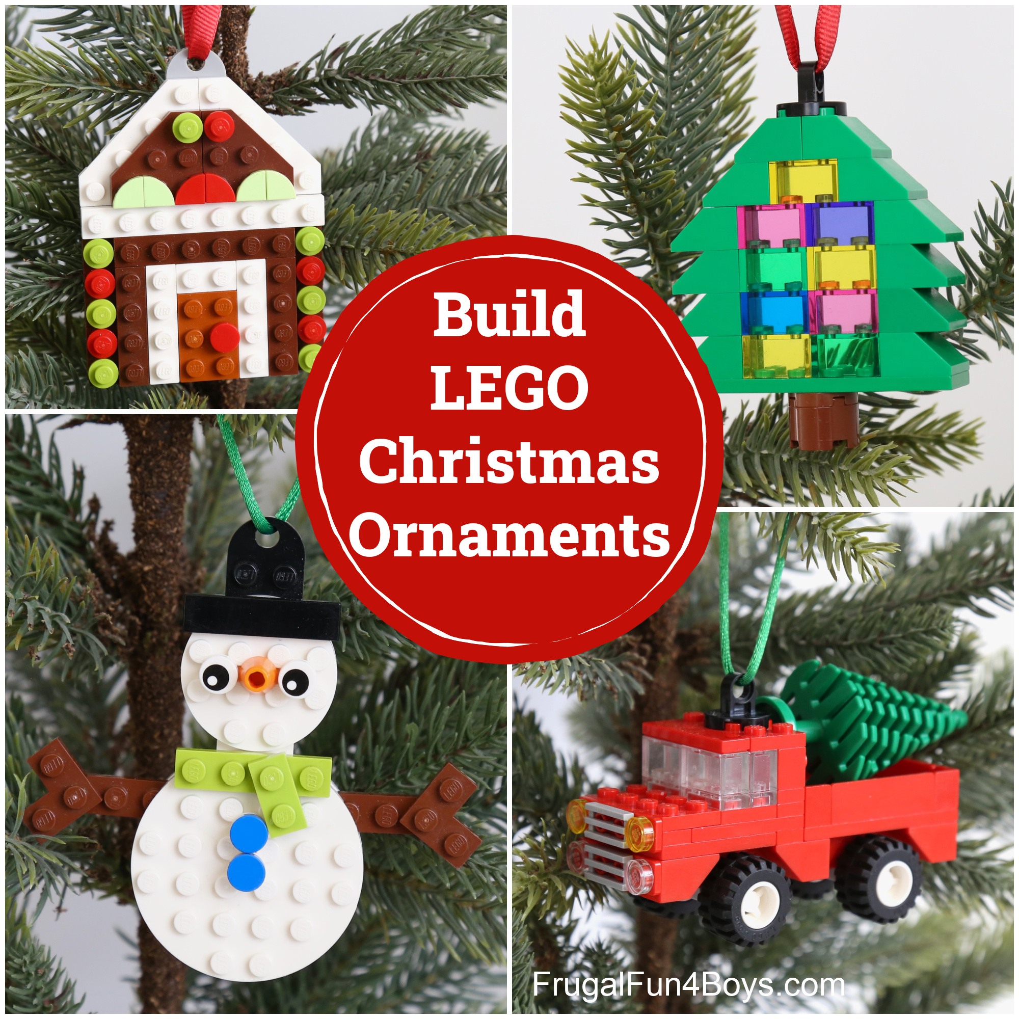 Build LEGO Christmas Ornaments - tree, gingerbread house, snowman, classic truck